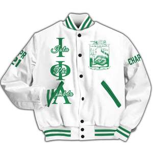Iota Phi Lambda Women Custom Chapter Varsity Jacket White Emerald Green Letter Crest Number Year Sorority Bomber Jacket - Product Image 5