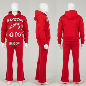 Custom <b>Wholesale</b> Mens Red Puff Print Zip Up Hoodie <b>Flare</b> <b>Sweatpants</b> Set Heavyweight Fleece Streetwear Tracksuit 2 Piece Outfits - Product Image 1