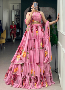 Conjunto de Lehenga de Chifón con Estampado Floral, Falda Plisada con Ribete de Encaje, Blusa sin Coser, Dupatta, para Bodas y Fiestas - Product Image 1