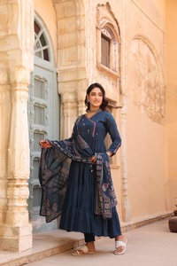 Luxury Navy Cotton Pintex Embroidered <b>Three</b> Piece Suit Set with Tiered Anarkali Kurta Matching Bottom and Dupatta for Women - Product Image 2