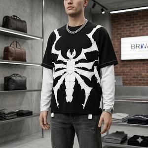 T-shirt blanc à manches courtes pour homme, imprimé lettres scintillantes, strass, col rond, coupe oversize, style streetwear décontracté, tricoté, face avant en soie - Product Image 5