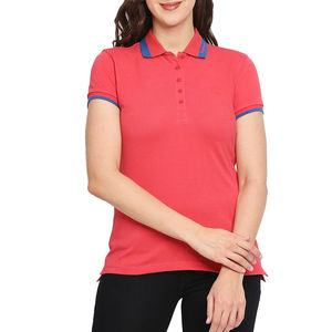 เสื้อโปโลแขนสั้นสีแดงสำหรับผู้หญิง คอปกตัดสี กระดุมผ่าหน้า ผ้าฝ้ายปิเก้ สไตล์ลำลอง - Product Image 1