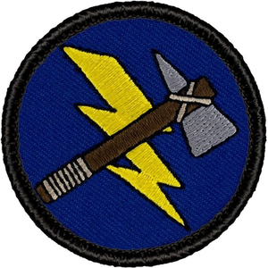 Custom Embroidered Circular Patch with Yellow Arrow and Spear Design <b>Sew</b>-On Fabric Badge Cut Style Iron-On Garment Use - Product Image 1