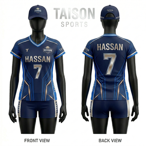 Ensemble de volley-ball pour femmes de qualité supérieure, tissu polyester respirant, panneaux latéraux bleus et oranges, logo sublimé personnalisé, uniforme de volley-ball - Product Image 2