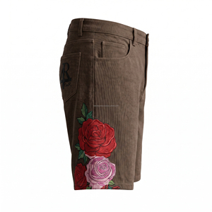Pantalones cortos casuales bordados para hombre, color marrón, cintura alta, cierre de cremallera, diseño floral, estilo veraniego, pantalones cortos de mezclilla con diseño de flores bordadas - Product Image 3