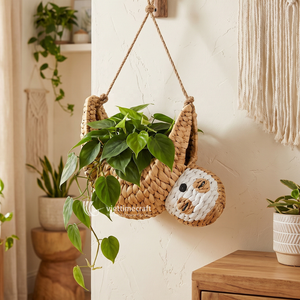 Water Hyacinth Sloth Planter, Woven Natural Fiber <b>Hanging</b> Plant Holder, Animal Shaped Pot for Boho Home Decor - Product Image 2
