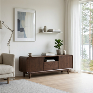 Meuble TV en chêne avec portes, tiroirs et étagères ouvertes - Design moderne du milieu du siècle, à poser au sol pour salon, compatible avec les téléviseurs de 65 pouces et plus - Product Image 3