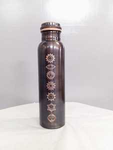 7 Chakra Engraved Pure Copper Water Bottle Antique Dark Finish Yoga <b>Flask</b> Reusable Travel Minimalist - Product Image 1
