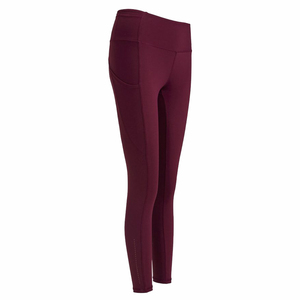 Custom Female Gym <b>Leggings</b> <b>Pockets</b> High Waist Sports Yoga Pants Deep Wine Red Workout Tights Elastic Sportswear Supplier - Product Image 5