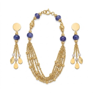 925 Silver <b>Blue</b> <b>Bead</b> Multi Layer Mala Necklace Set for Women Designer Tassel Earrings Traditional Jewelry - Product Image 1