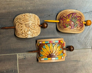 Women's Fashionable Hand Tooled Leather Stick Barrette With Wooden Stick High Quality Genuine Leather <b>Hair</b> Barrette <b>Hair</b> Slide - Product Image 4