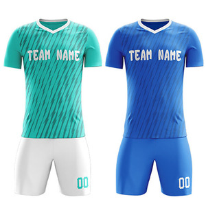 Ensemble de maillots de football unisexes personnalisés, bleu et blanc rayé, col en V, 100 % polyester, respirant, coupe athlétique, service OEM frontal - Product Image 6