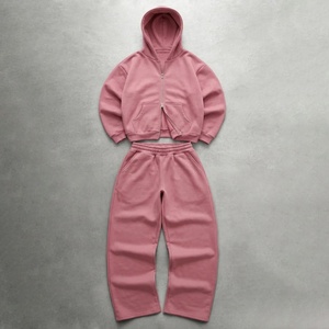 Custom Wholesale Blank Heavyweight Full <b>Zip</b> Hoodie And Straight Leg Sweatpants Casual <b>Jogger</b> Tracksuit Set - Product Image 1