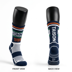 Men Cricket <b>Socks</b> Premium 220 GSM Cotton <b>Polyester</b> Blend Breathable Knit Navy White Gold Panel Design Custom Jacquard Logo - Product Image 5