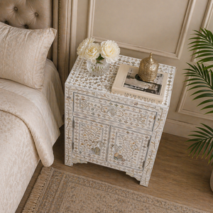 White Pearl Inlay Nightstand Wood Bedside <b>Table</b> Cabinet Floral Pattern <b>Storage</b> <b>Side</b> <b>Table</b> for Bedroom Hotel - Product Image 3