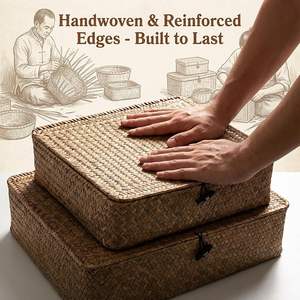 Ensemble de 2 paniers de rangement tressés en jonc de mer rustique, écologiques et de haute qualité, avec couvercle, collection Printemps, couleur personnalisable, multi-usages - Product Image 4