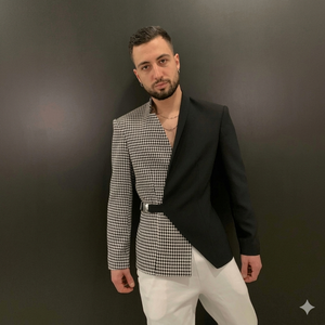 Blazer asymétrique pour homme, déstructuré, avec panneau pied-de-poule et fermeture à boucle latérale - Product Image 1
