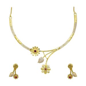 Wholesale 14K18K24K Micron Gold Plated Brass Forming AD & Ruby <b>Necklaces</b> <b>Fashion</b> <b>Necklaces</b> Traditional Floral Design Jewelry Set - Product Image 4