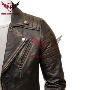 Veste en cuir véritable marron pour homme, coupe ajustée, style motard, asymétrique, avec fermeture éclair croisée, en cuir de vachette, épaules rembourrées, vintage, personnalisée - Product Image 3