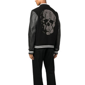 Rhinestones Men's Black Varsity <b>Jacket</b> Genuine <b>Leather</b> Sleeves White Trim Collar Regular Fit Casual <b>Winter</b> Waterproof Reversible - Product Image 4