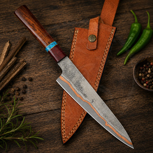 Premium Quality Copper Damascus Steel Blade Carving Knife with Long Elegant Blade <b>Wooden</b> Handle For Roast <b>Slicing</b> And Serving - Product Image 1
