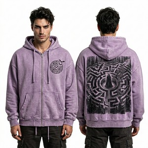 Sudadera con capucha y cremallera personalizada morada con lavado mineral para hombre, con gráfico de laberinto y vampiro, estilo oversize, streetwear, de felpa francesa gruesa. - Product Image 1