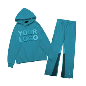 OEM Wholesale Unisex Oversized Faded Grey Fleece Tracksuit <b>Mens</b> Embossed Number <b>Pullover</b> Hoodie Loose Fit Sweat Pant Set - Product Image 6