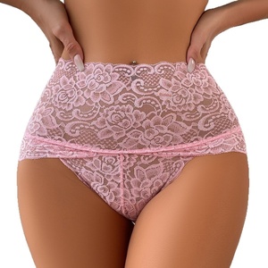 Culottes taille haute en dentelle rose pour femmes, lingerie transparente avec motif floral, design sans couture - Product Image 3