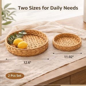 Ensemble de 2 plateaux de service en jacinthe d'eau, paniers ronds tressés, style rustique naturel, pour fruits et pain, pour la cuisine - Product Image 2