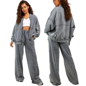 Tops de bombardero con cremallera de pierna larga y recta para mujer, conjunto de algodón lavado de tendencia, técnica bordada de punto, chándales sólidos para mujer - Product Image 1