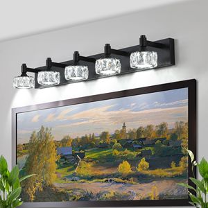 Moderna Lampada da Parete a 5 Luci LED Nera Opaca con Eleganti Paralumi in Cristallo per Bagno - Product Image 2