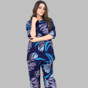 Ensemble coordonné pour femme imprimé bleu, vente en gros, prix d'usine, en poly-rayonne, 2 pièces, pantalon et haut, écologique, col rond, décontracté pour femme - Product Image 1