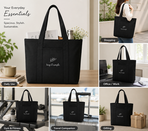 Sac fourre-tout en toile noire avec broderie « Keep It Simple », design minimaliste pour le shopping en toutes saisons - Product Image 4