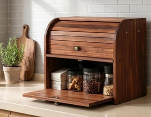 <b>Large</b> 2 Layer Wooden <b>Bread</b> Box Roll Top <b>Bread</b> Storage <b>Bin</b> Natural Bamboo Wood Food Organizer For Kitchen Counter Wholesale - Product Image 2