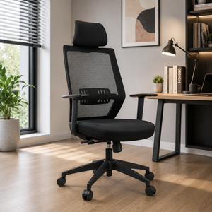 Chaise de bureau ergonomique à dossier haut en maille, accoudoirs réglables, appui-tête intégré, base pivotante en métal, réglage de la hauteur électrique, pour l'école - Product Image 1