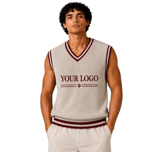 Gilet pull sans manches en tricot pour homme, col en V, avec rayures contrastées bordeaux, en laine et acrylique, personnalisable avec logo, vente en gros OEM - Product Image 1