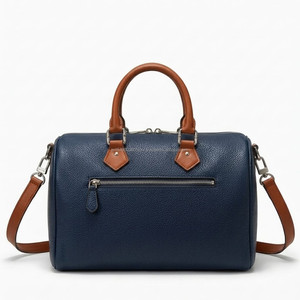 Navy Blue Leather Boston <b>Bag</b> with <b>Tan</b> Handles Zipper Closure Portable Weekender Travel Duffel Mini Speedy <b>Bag</b> Daily Casual Use - Product Image 3