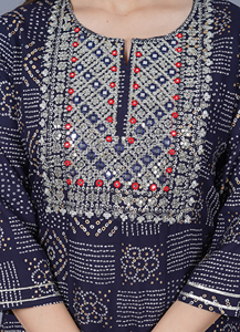 <b>Women</b> Blue Bandhani Printed Embroidery Work Yoke On Neck Kurti with , 3/4 Sleeves Casual Ethnic Wear Straight <b>Kurta</b> - Product Image 2