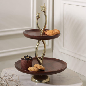 Two-Tier Wooden <b>Cake</b> <b>Stand</b> Featuring Rich Brown Trays Twisted Brass Metal Central Pillar & Twin Tulip Finial Handles For Serving - Product Image 6