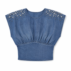Elegant Denim Crop Top Sleeveless O-Neck Custom Beaded Pearl Detail women's shirt Premium Festive Spring Summer Crop Jean Top - Product Image 4