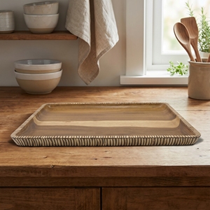Food Grade Suar Wood With White Coconut <b>Shell</b> Large Square Serving Tray <b>Light</b> Brown Forty And Thirty Centimeters Premium Quality - Product Image 2