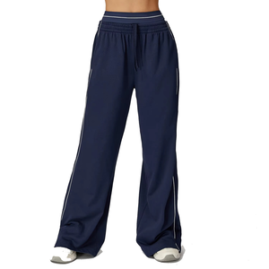 Pantalon large bleu marine taille haute avec bande latérale et cordon de serrage, longueur intégrale, en Spandex et Polyester respirant, pour femme, vêtement de sport - Product Image 6