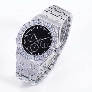 Montre Iced Out en cristal, 10 carats de diamants de laboratoire EF VVS VS, finition en acier inoxydable plaqué or jaune 14K, style streetwear bling - Product Image 3