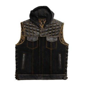 Chaleco de Motociclista de Cuero con Capucha y Acolchado de Diamantes para Hombre, Chaleco de Cuero Vacuno Premium para Motociclistas con Espacio Oculto para Portar Objetos - Product Image 1