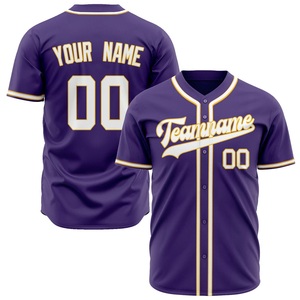 Maillot de baseball violet personnalisé avec bordure dorée, impression par sublimation, nom de l'équipe, 00, boutonné, manches courtes, pour adultes, hommes, coupe classique - Product Image 1