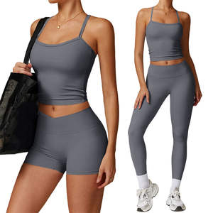 Ensemble de vêtements de sport pour femmes, 5 pièces, bleu, extensible, débardeur et leggings, vêtements de fitness décontractés, coupe ajustée, logo sur le devant, recyclable - Product Image 6