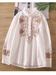 เสื้อเชิ้ตผู้หญิงผ้าฝ้ายพรีเมียมปักลายสีขาว แขนยาว คอระบาย ทรงหลวม สไตล์ลำลอง - Product Image 5