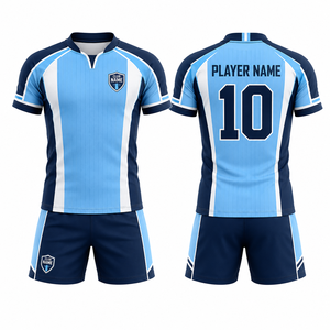 MEGAMAPLE Club Name Soccer Jersey Unisex Short Sleeve V-<b>Neck</b> <b>Light</b> Blue Navy White Striped Heat-Transfer Printed Breathable - Product Image 1