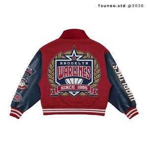 Brooklyn Warlines Varsity <b>Jacket</b> Men <b>Red</b> Navy Embroidered Patch Design O-Neck Collar <b>Waterproof</b> Breathable 100% Wool Thick - Product Image 2
