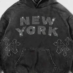 Oversized Acid Wash <b>Rhinestone</b> Hooded Fleece <b>Jacket</b> 100% Cotton Regular Fit Quick Dry - Product Image 4